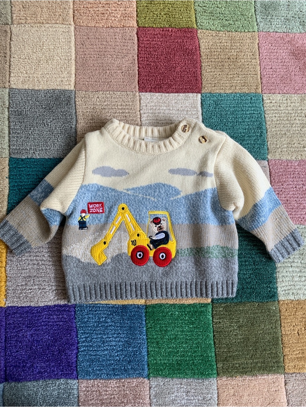 3-6M Vintage Baby Togs Sweater Bear Construction Excavator